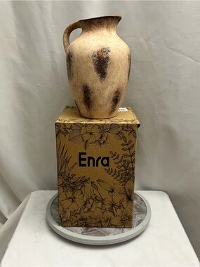 Enra Rustic Ceramic Pitcher Vase 10” Beige Brown Farmhouse Pottery Decor